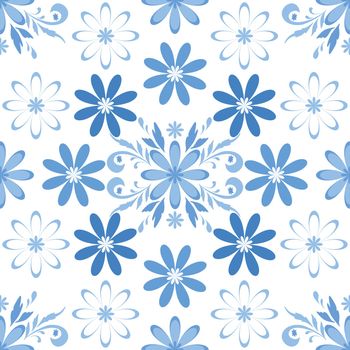 Seamless floral background, blue symbolical silhouette flowers on white