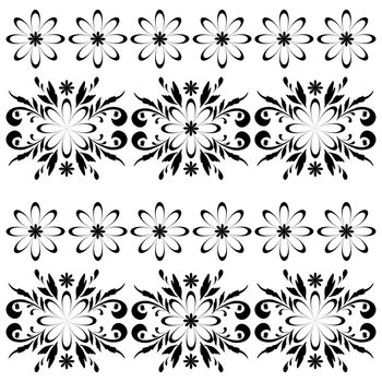 Seamless floral pattern, black symbolical contour flowers on white background