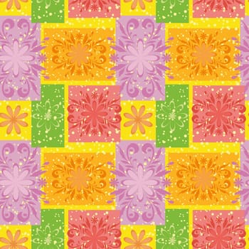 Seamless floral background, symbolical motley flowers and rectangles