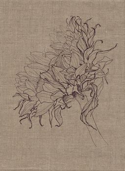 sunflower drawing on beige linen canvas texture background