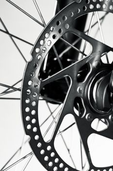 Disc brake rotor on a mountain bike front wheel