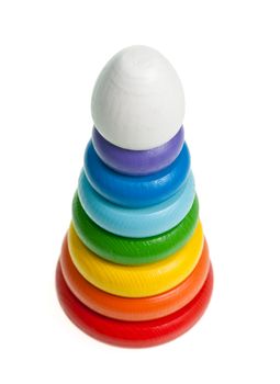 Colorful wooden pyramid toy on white background