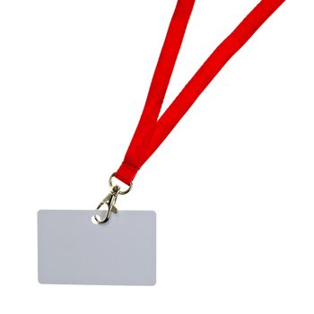 Blank badge with red neckband on white background