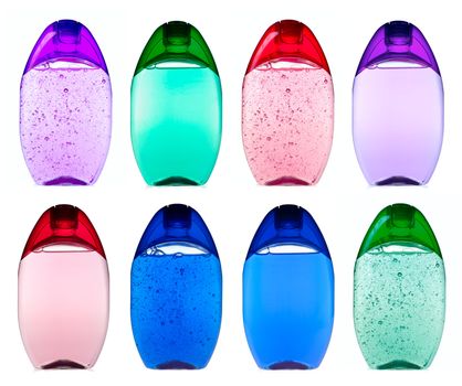 Shampoo bottles collection on white background