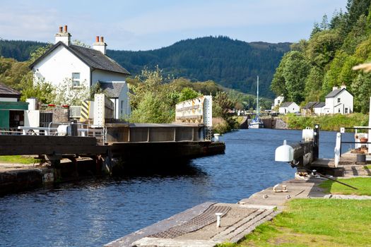 Canal Lock at Cairnbaan Bridge on the Crinan Canal in Scotland