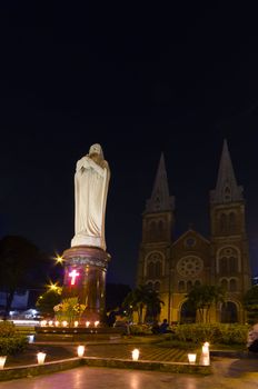 night view of notre dame of Saigon city 