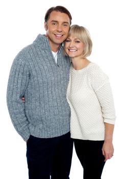 Love couple feeling the warmth of each other. All against white background.