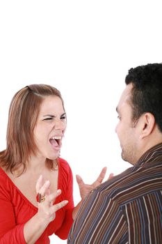 Young couple in conflict shouting isolated on white background. Focus on woman