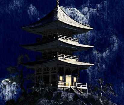 Zen Buddhist temple in the mountains at night