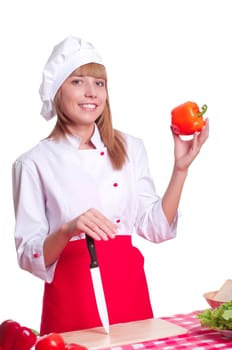 attractive woman cuts vegetables, cooking dinner, white background