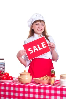 woman holding a plate with an inscription Sale