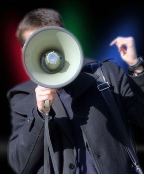 Man shouting and yelling with loudspeaker