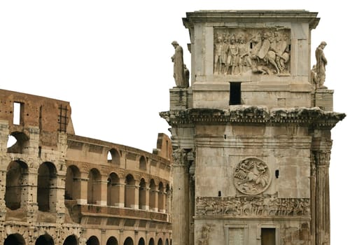 Rome. Fragment of the arch of Trajan and the Coliseum on a white background