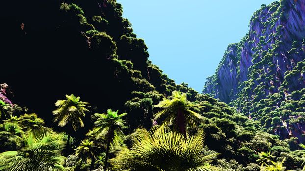 Tropical landscape with rocky mountains in background