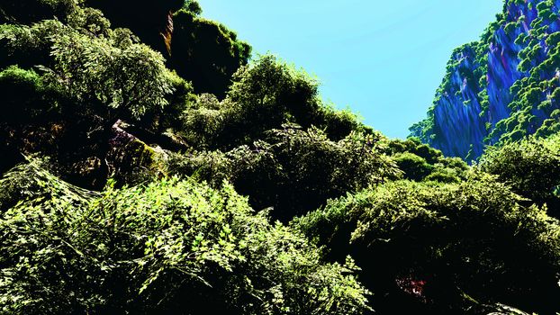 Tropical landscape with rocky mountains in background