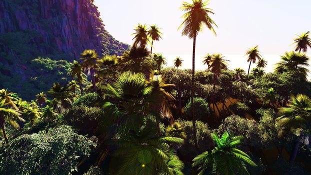 Tropical landscape with rocky mountains in background