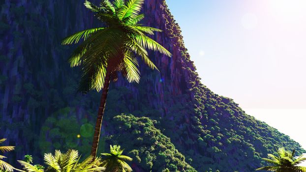 Tropical landscape with rocky mountains in background