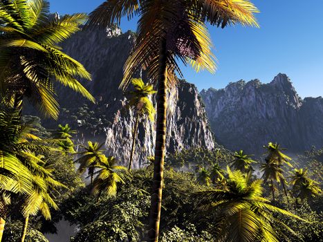 Tropical landscape with rocky mountains in background