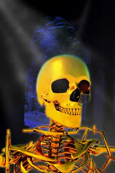 Golden human skeleton in graveyard