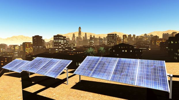 Solar power panels in city - panoramic view