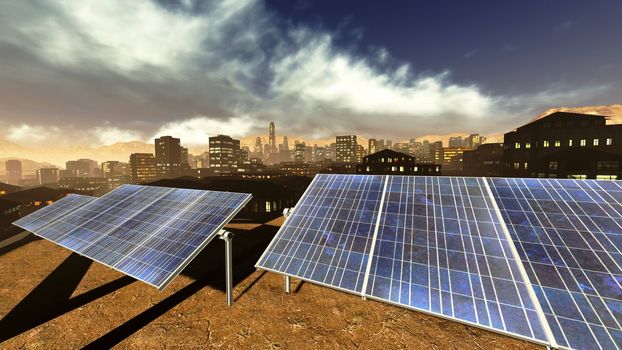 Solar power panels in city - panoramic view