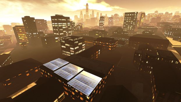 Solar power panels in city - panoramic view