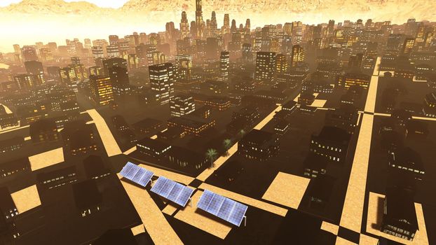 Solar power panels in city - panoramic view