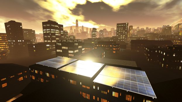 Solar power panels in city - panoramic view