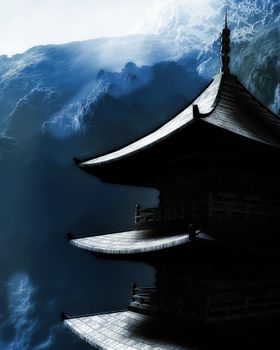 Zen buddhist temple in the mountains lit by the moon