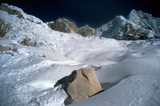 Beautiful snowy landscape high up in the Andes Mountains in Peru