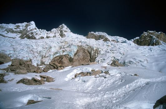 Beautiful desolate snow and stone landscape high in Peruvian Andes Mountains