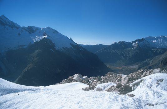 Landscape of beautiful snowy Andes Mountains in Peru