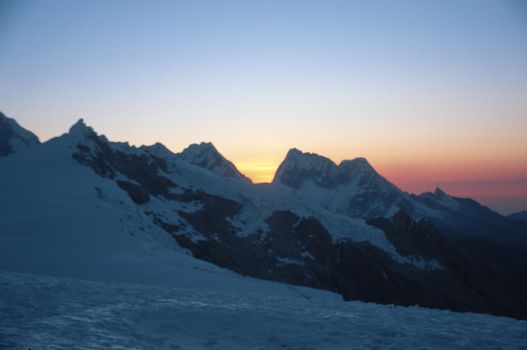 Beautiful sunset in snow capped Andes Mountains in Peru