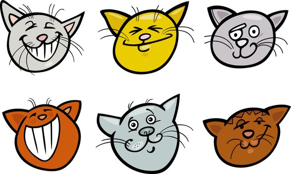 Cartoon Illustration of Different Happy Cats ot Kittens Heads Collection Set