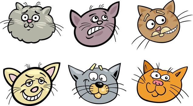 Cartoon Illustration of Different Happy Cats ot Kittens Heads Collection Set