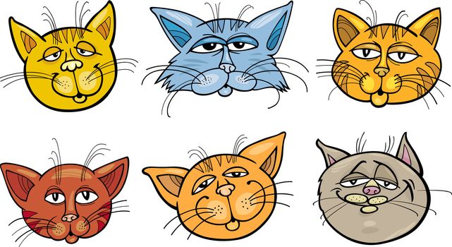 Cartoon Illustration of Different Happy Cats ot Kittens Heads Collection Set