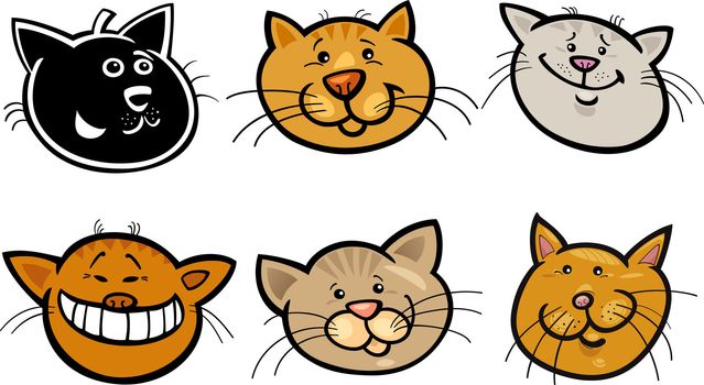 Cartoon Illustration of Different Happy Cats ot Kittens Heads Collection Set