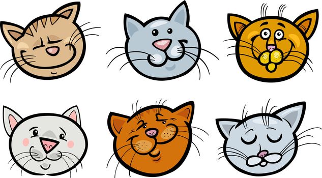 Cartoon Illustration of Different Happy Cats ot Kittens Heads Collection Set