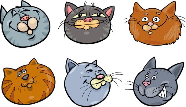 Cartoon Illustration of Different Happy Cats ot Kittens Heads Collection Set