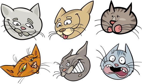 Cartoon Illustration of Different Happy Cats ot Kittens Heads Collection Set