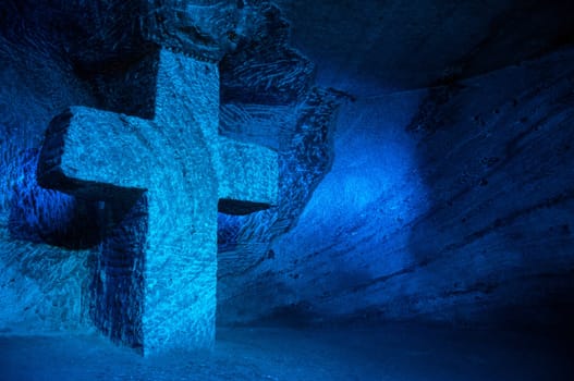 Large blue salt cross in salt cathedral in Colombia