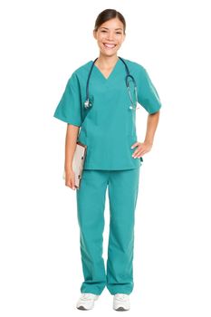 Nurse or young doctor standing smiling isolated on white background in full body. Woman medical professional in green scrubs smiling happy. Mixed race ethnic Chinese Asian and Caucasian female model.