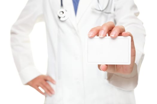 Medical doctor showing business card sign, blank with copy space for text or design. Woman medical professional isolated on white background