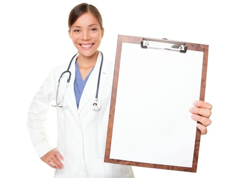 Medical sign - doctor showing clipboard with copy space for text or design. Woman doctor / nurse smiling happy isolated on white background. Mixed race Caucasian / Chinese Asian female model.
