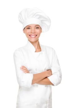 Chef, cook or baker woman. Happy proud portrait of female in chef uniform and chef hat isolated on white background. Asian Caucasian woman model.