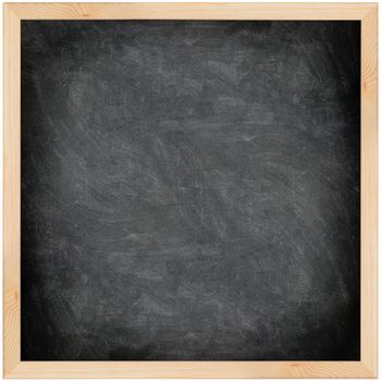 Chalkboard blackboard with frame isolated. Black chalk board texture empty blank with chalk traces and wooden frame. Square.