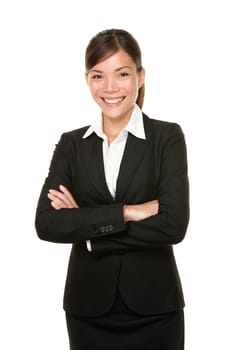 Smiling happy businesswoman portrait of multiracial Asian / Caucasian business woman isolated on white background.
