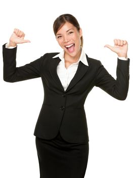 cheerful confident young business woman pointing at herself cheering happy. Beautiful mixed race Caucasian / Asian female model.