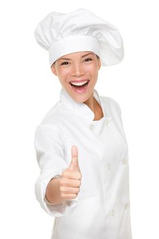 Chef woman - happy thumbs up. Smiling and cheerful female chef, cook or baker in uniform and hat isolated on white background.