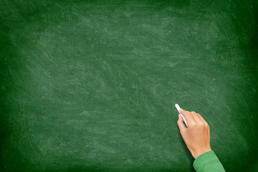 Blank blackboard / chalkboard. Hand writing on green chalk board holding chalk. Great texture for text.